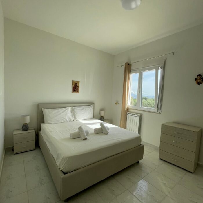 Bedroom with bed, window and night table